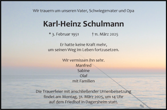 Traueranzeige von Karl-Heinz Schulmann von Kreiszeitung Böblinger Bote