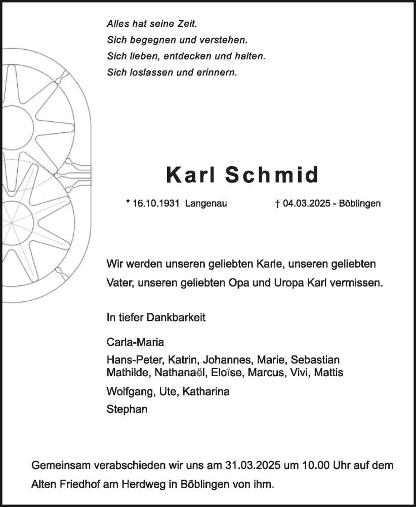  Traueranzeige für Karl Schmid vom 22.03.2025 aus Kreiszeitung Böblinger Bote