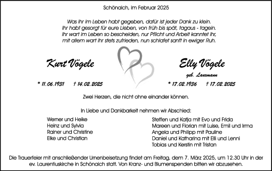 Traueranzeige von Kurt und Elly Vögele von Kreiszeitung Böblinger Bote