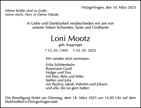 Traueranzeige von Loni Mootz von Kreiszeitung Böblinger Bote