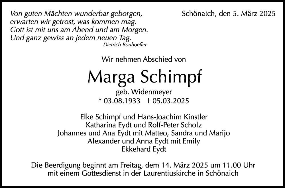  Traueranzeige für Marga Schimpf vom 11.03.2025 aus Kreiszeitung Böblinger Bote
