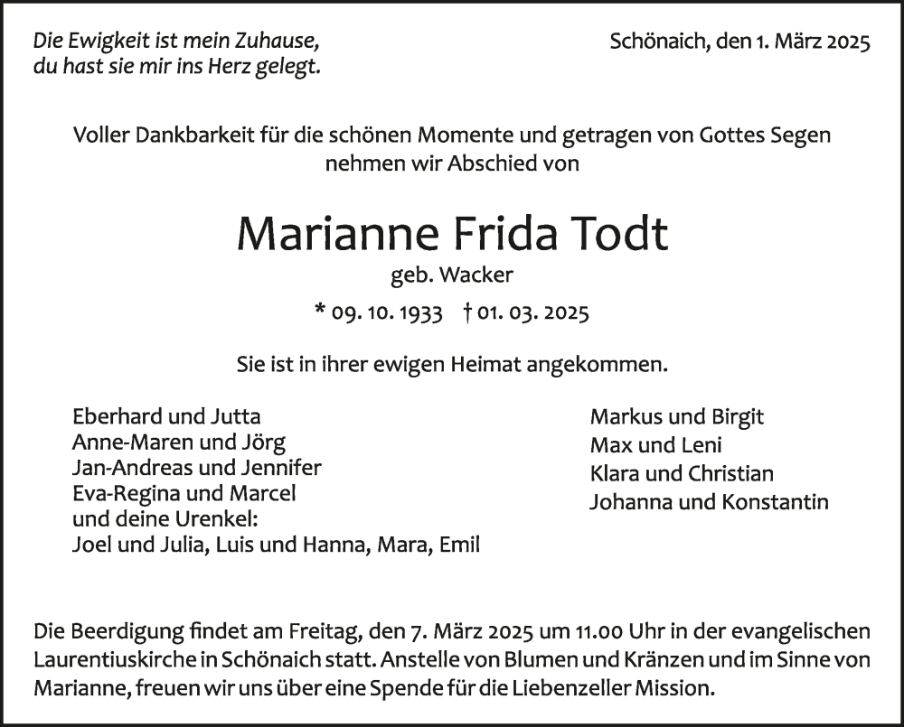  Traueranzeige für Marianne Frida Todt vom 05.03.2025 aus Kreiszeitung Böblinger Bote