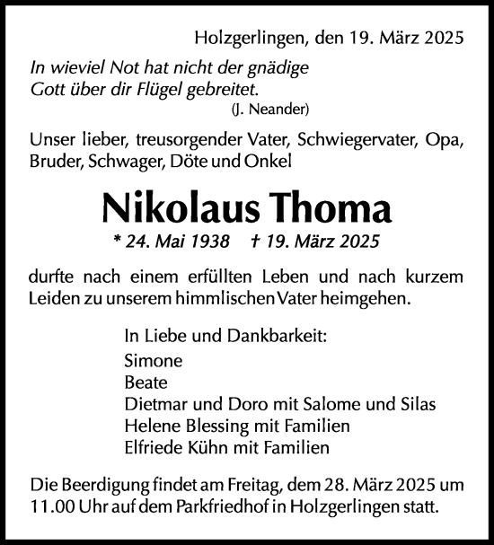 Traueranzeige von Nikolaus Thoma von Kreiszeitung Böblinger Bote