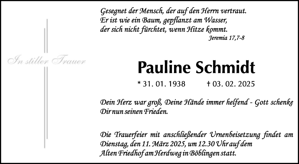  Traueranzeige für Pauline Schmidt vom 07.03.2025 aus Kreiszeitung Böblinger Bote