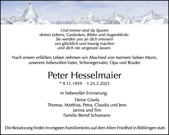 Traueranzeige von Peter Hesselmaier von Kreiszeitung Böblinger Bote