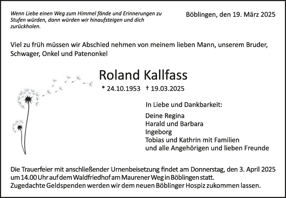  Traueranzeige für Roland Kallfass vom 27.03.2025 aus Kreiszeitung Böblinger Bote