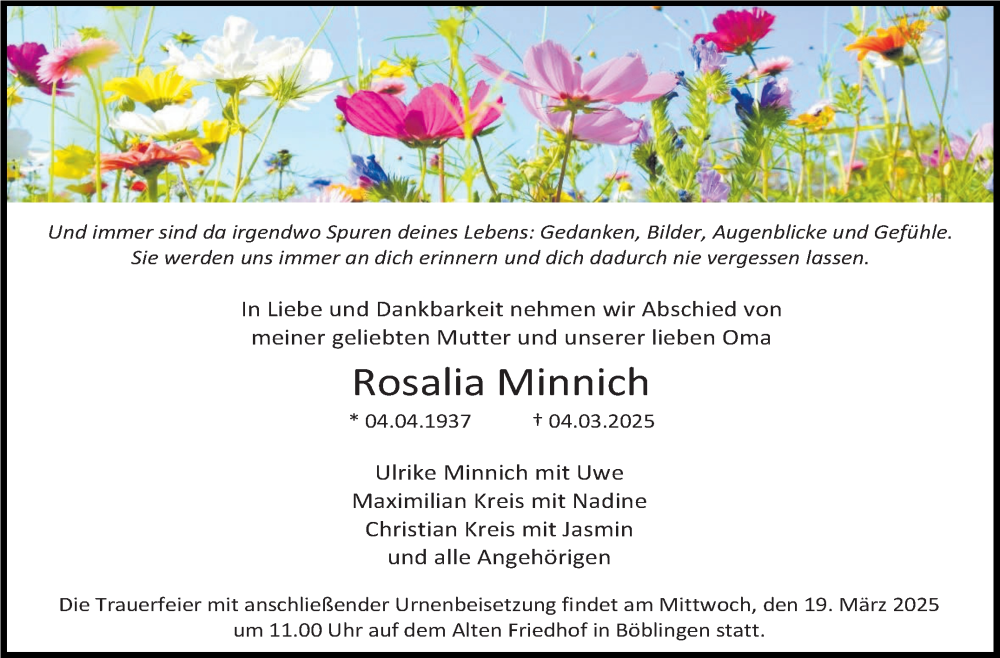  Traueranzeige für Rosalia Minnich vom 15.03.2025 aus Kreiszeitung Böblinger Bote