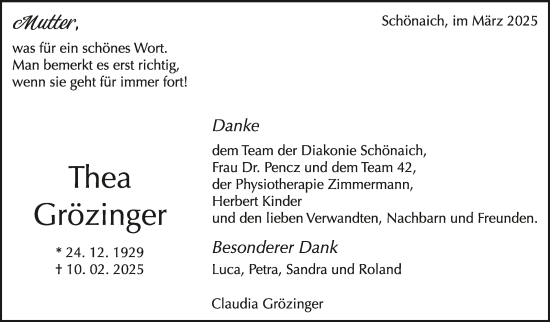 Traueranzeige von Thea Grözinger von Kreiszeitung Böblinger Bote