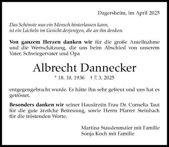 Traueranzeige von Albrecht Dannecker von Kreiszeitung Böblinger Bote