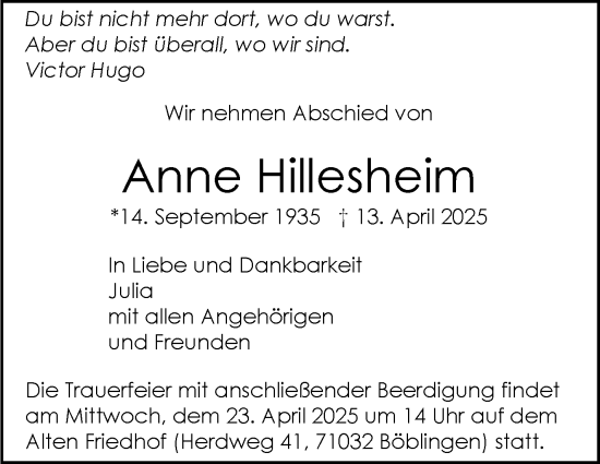 Traueranzeige von Anne Hillesheim von Kreiszeitung Böblinger Bote
