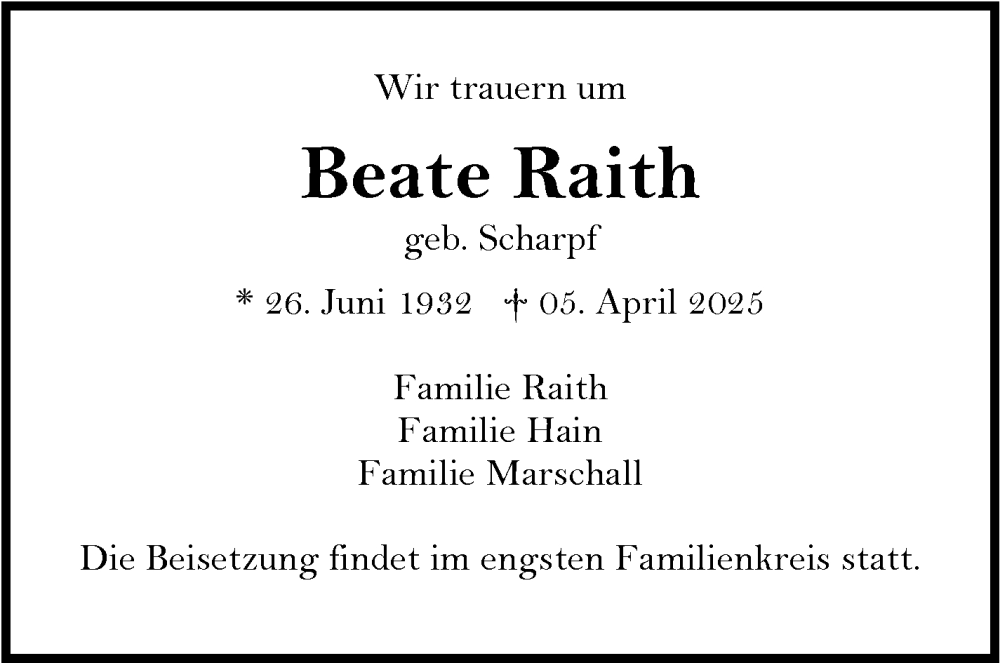  Traueranzeige für Beate Raith vom 10.04.2025 aus Kreiszeitung Böblinger Bote
