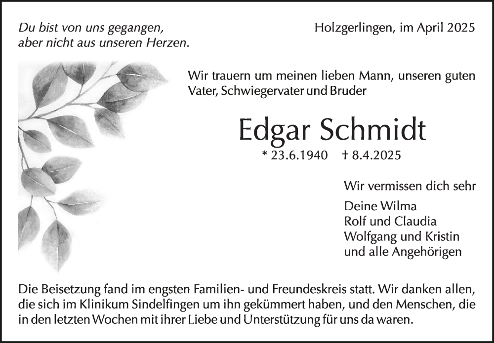  Traueranzeige für Edgar Schmidt vom 30.04.2025 aus 