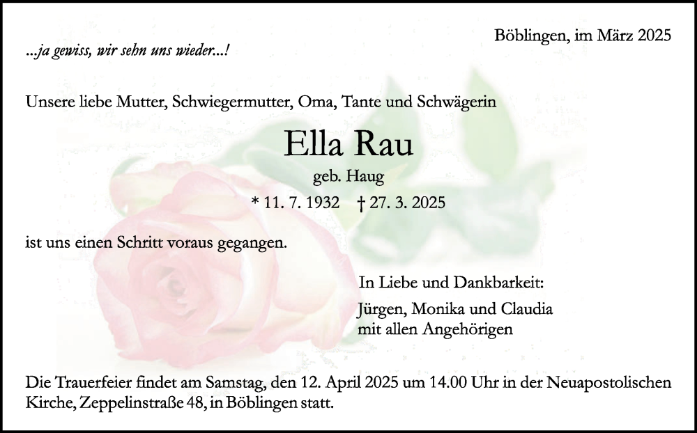  Traueranzeige für Ella Rau vom 07.04.2025 aus Kreiszeitung Böblinger Bote
