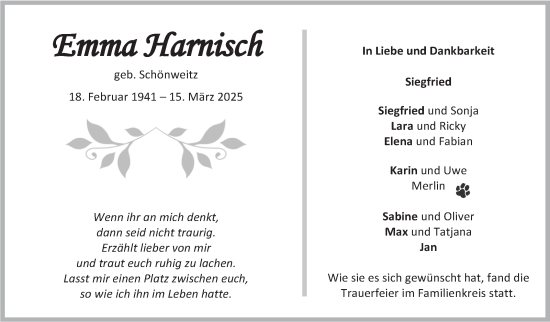 Traueranzeige von Emma Harnisch von Kreiszeitung Böblinger Bote