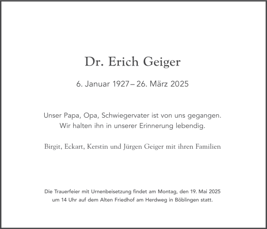 Traueranzeige von Erich Geiger von Kreiszeitung Böblinger Bote