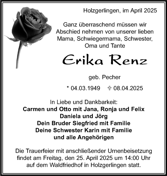 Traueranzeige von Erika Renz von Kreiszeitung Böblinger Bote