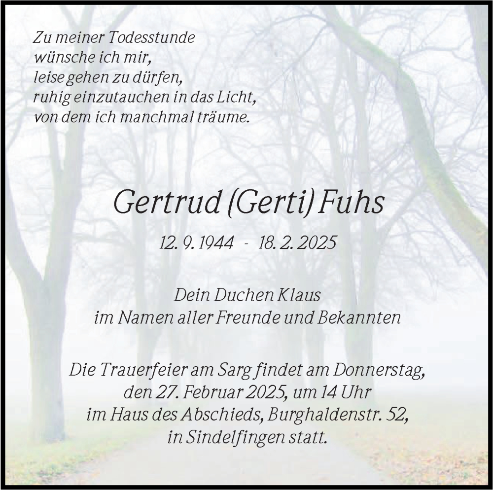  Traueranzeige für Gertrud Fuhs vom 22.02.2025 aus Kreiszeitung Böblinger Bote