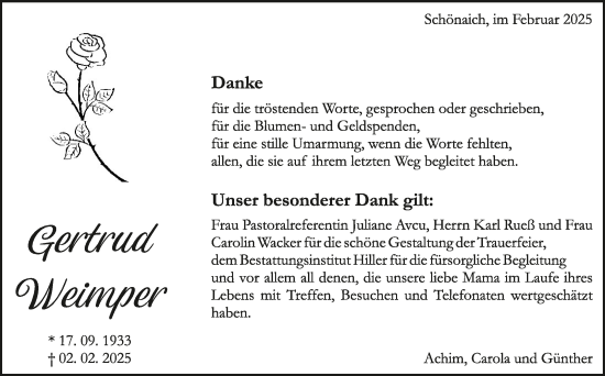 Traueranzeige von Gertrud Weimper von Kreiszeitung Böblinger Bote