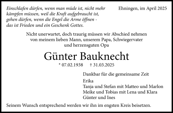 Traueranzeige von Günter Bauknecht von Kreiszeitung Böblinger Bote