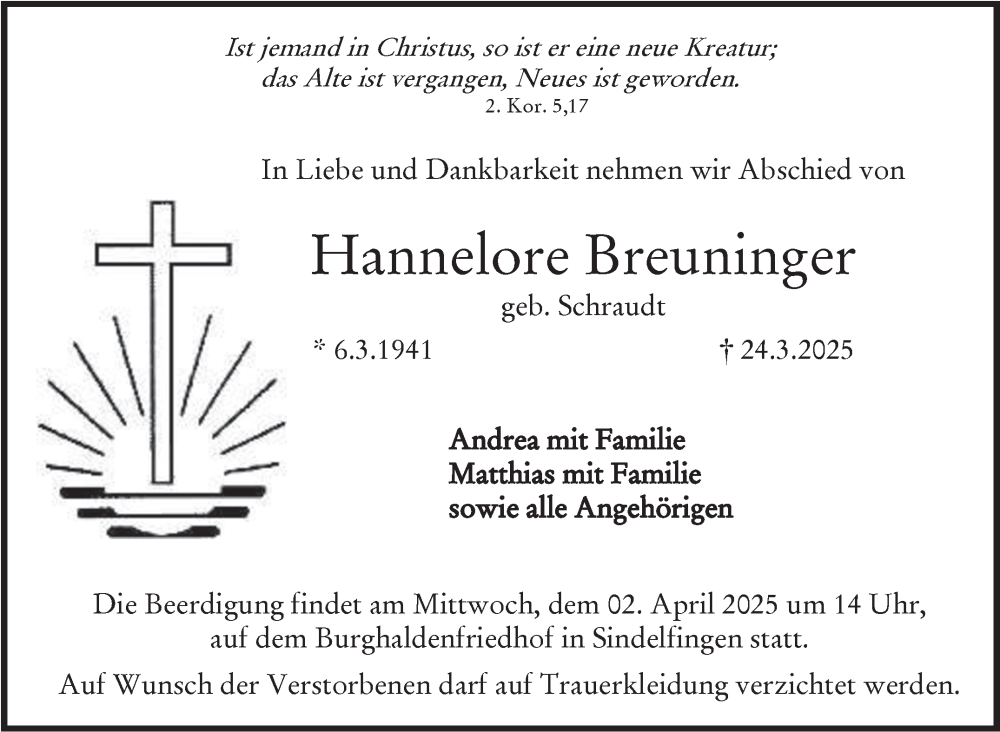  Traueranzeige für Hannelore Breuninger vom 31.03.2025 aus Kreiszeitung Böblinger Bote