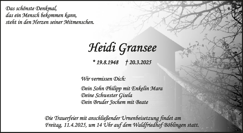  Traueranzeige für Heidi Gransee vom 03.04.2025 aus Kreiszeitung Böblinger Bote