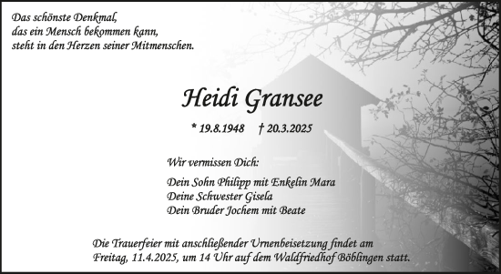 Traueranzeige von Heidi Gransee von Kreiszeitung Böblinger Bote