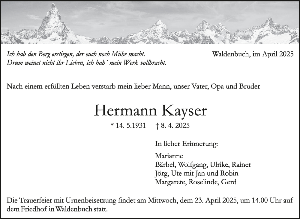  Traueranzeige für Hermann Kayser vom 17.04.2025 aus Kreiszeitung Böblinger Bote