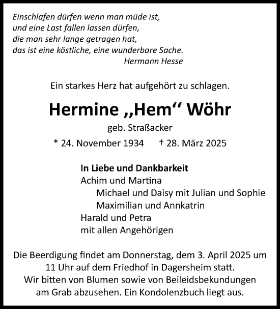Traueranzeige von Hermine Wöhr von Kreiszeitung Böblinger Bote