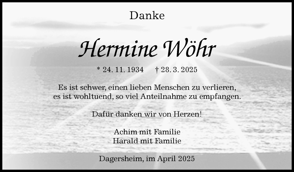  Traueranzeige für Hermine Wöhr vom 25.04.2025 aus Kreiszeitung Böblinger Bote