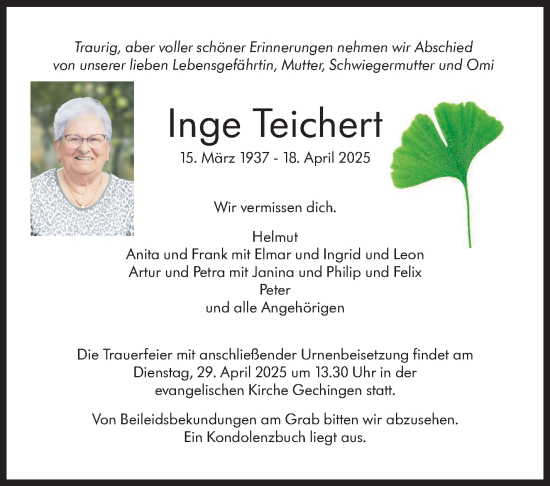 Traueranzeige von Inge Teichert von Kreiszeitung Böblinger Bote