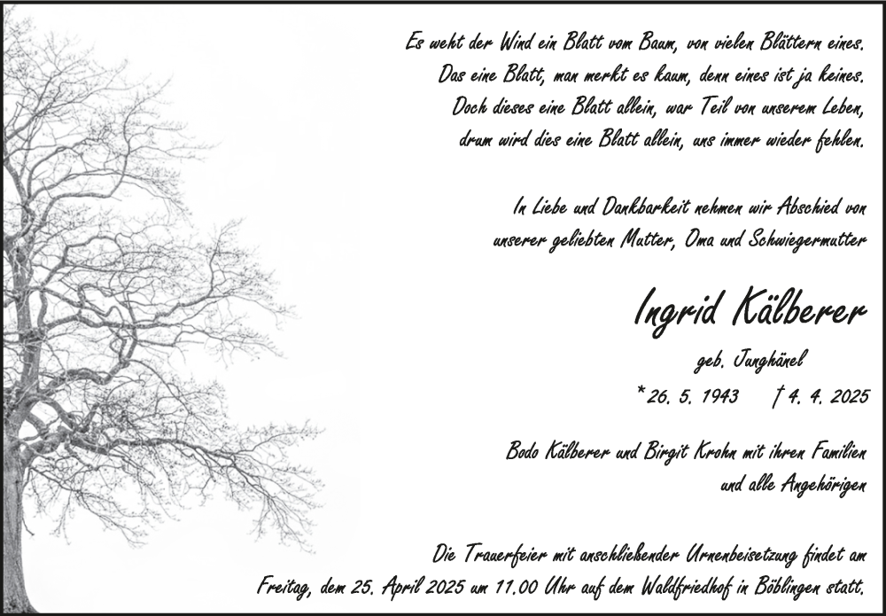  Traueranzeige für Ingrid Kälberer vom 14.04.2025 aus Kreiszeitung Böblinger Bote