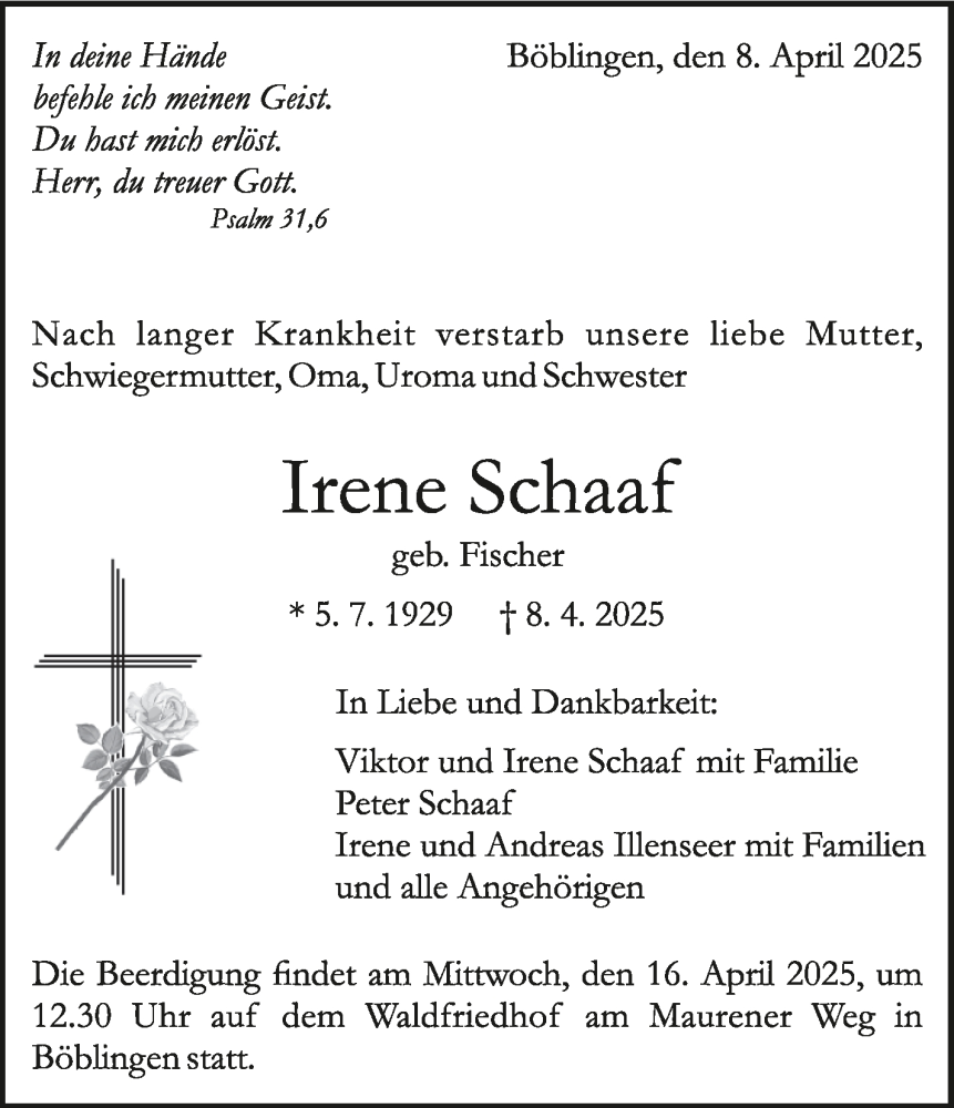  Traueranzeige für Irene Schaaf vom 11.04.2025 aus Kreiszeitung Böblinger Bote