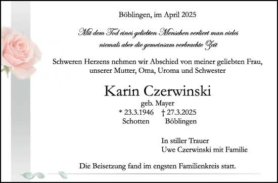 Traueranzeige von Karin Czerwinski von Kreiszeitung Böblinger Bote
