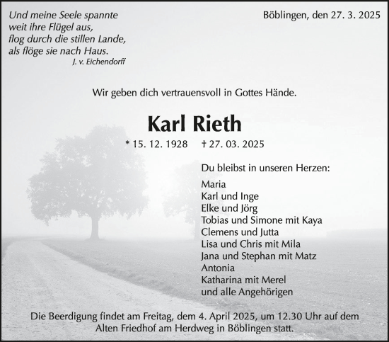 Traueranzeige von Karl Rieth von Kreiszeitung Böblinger Bote