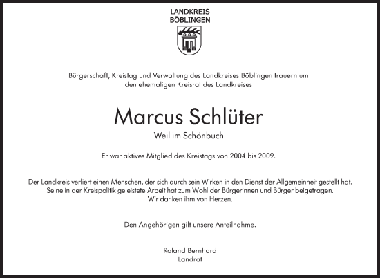 Traueranzeige von Marcus Schlüter von Kreiszeitung Böblinger Bote