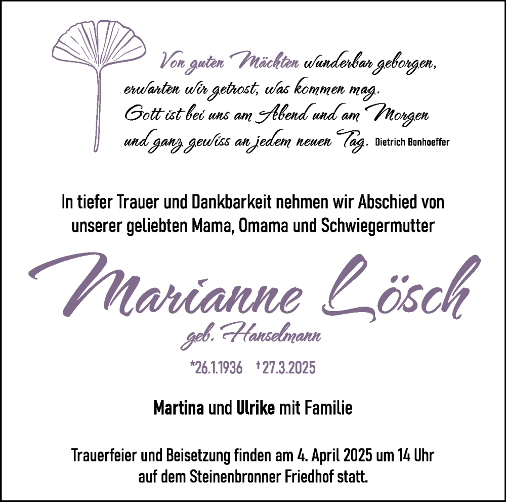  Traueranzeige für Marianne Lösch vom 01.04.2025 aus Kreiszeitung Böblinger Bote