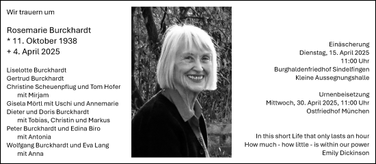 Traueranzeige von Rosemarie Burckhardt von Kreiszeitung Böblinger Bote