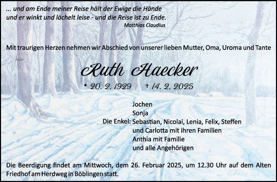 Traueranzeige von Ruth Haecker von Kreiszeitung Böblinger Bote