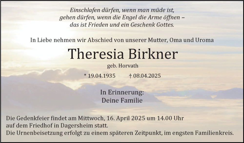  Traueranzeige für Theresia Birkner vom 12.04.2025 aus Kreiszeitung Böblinger Bote