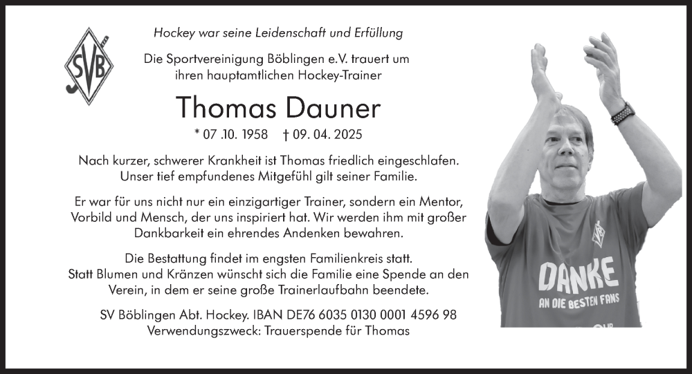  Traueranzeige für Thomas Dauner vom 19.04.2025 aus Kreiszeitung Böblinger Bote
