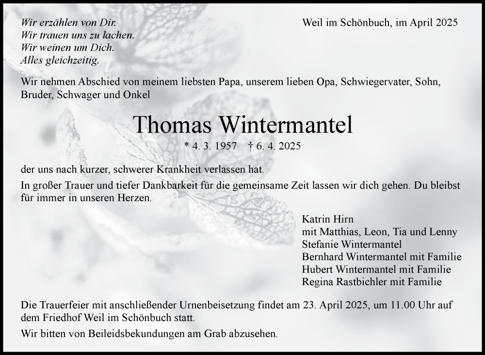  Traueranzeige für Thomas Wintermantel vom 10.04.2025 aus Kreiszeitung Böblinger Bote