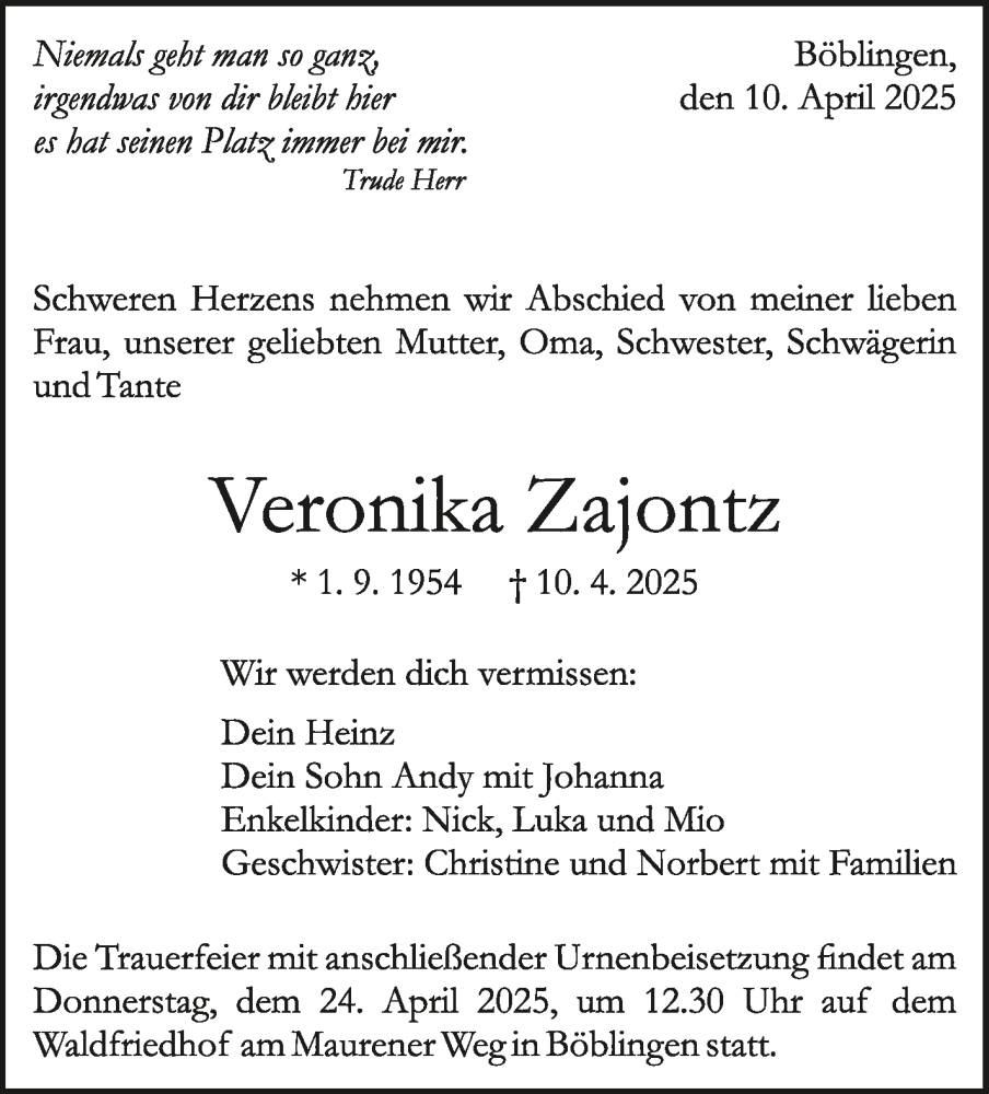  Traueranzeige für Veronika Zajontz vom 17.04.2025 aus Kreiszeitung Böblinger Bote