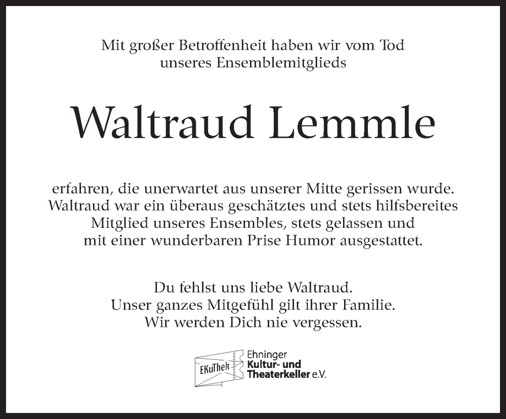  Traueranzeige für Waltraud Lemmle vom 09.04.2025 aus Kreiszeitung Böblinger Bote
