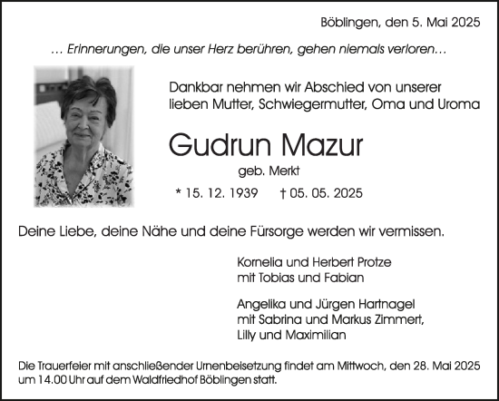 Traueranzeige von Gudrun Mazur von Kreiszeitung Böblinger Bote