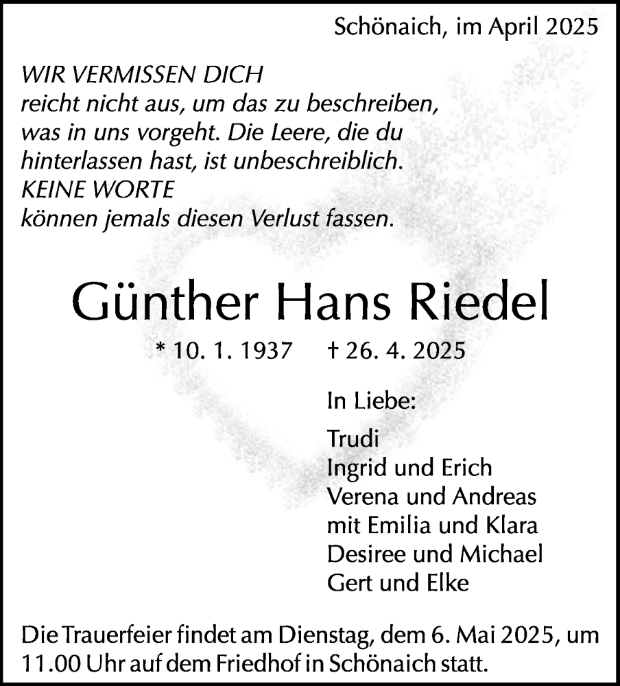  Traueranzeige für Günther Hans Riedel vom 03.05.2025 aus Kreiszeitung Böblinger Bote
