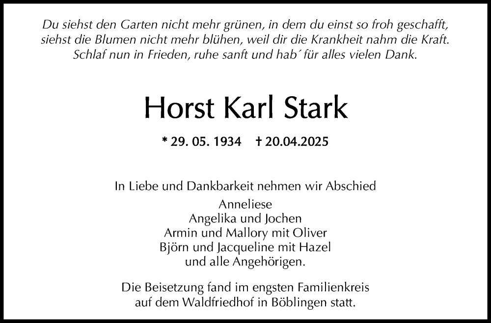  Traueranzeige für Horst Karl Stark vom 14.05.2025 aus Kreiszeitung Böblinger Bote