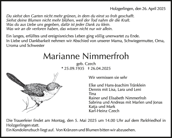 Traueranzeige von Marianne Nimmerfroh von Kreiszeitung Böblinger Bote