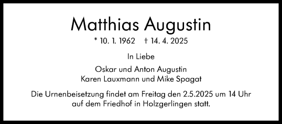 Traueranzeige von Matthias Augustin von Kreiszeitung Böblinger Bote