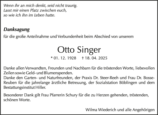Traueranzeige von Otto Singer von Kreiszeitung Böblinger Bote