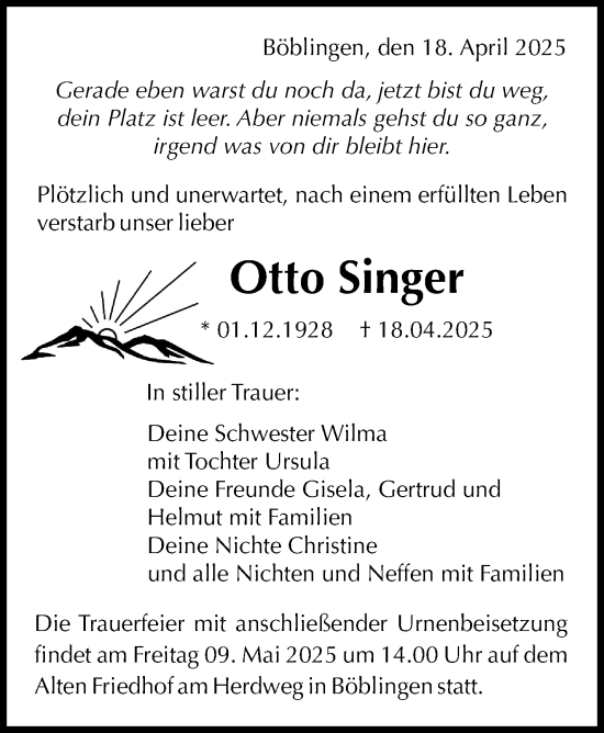 Traueranzeige von Otto Singer von Kreiszeitung Böblinger Bote